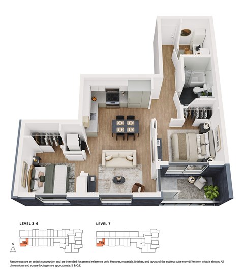 Floor plan for 2 beds, 1 bath, 601 sqft